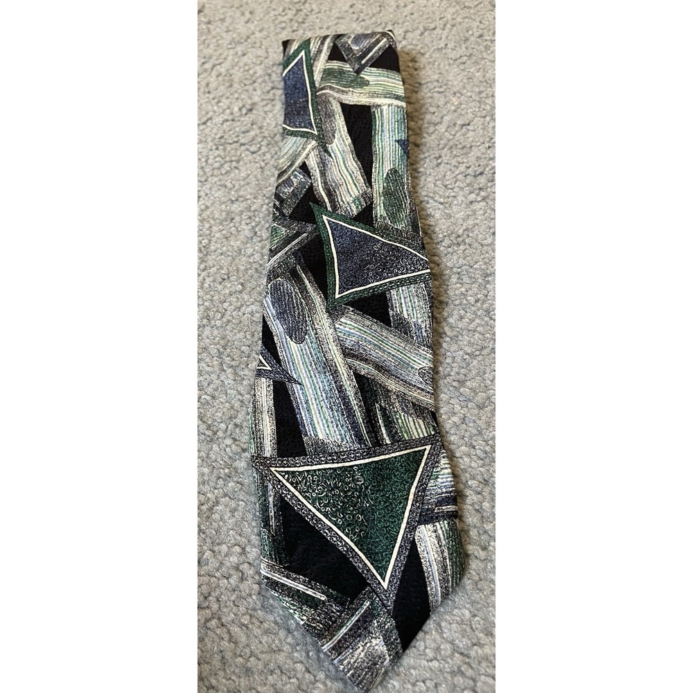 Vtg LDM Handmade Silk Mens Tie Green Gray Abstract Made In Italy Classic